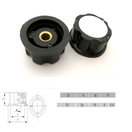 Bouchon potentiomètre 33mm - trou de 6mm Bakèlite noir - vis serrage - 79pot022