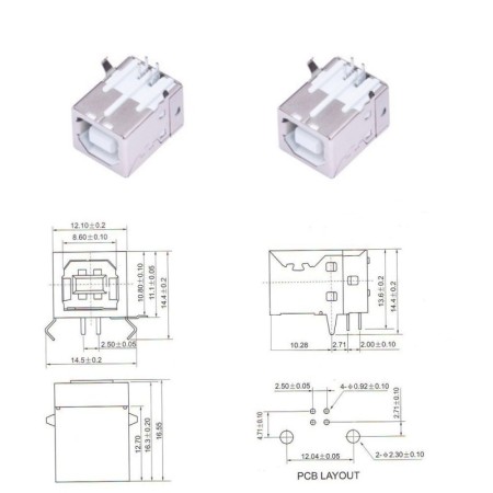 2x Prise usb 2.0 type B - DB90 - 90° - femelle à souder - 87pri002