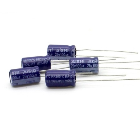 5x Condensateur 100uF 25V 6.3x11mm - pas: 2.5mm - Aihua 