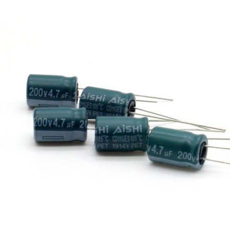 5x Condensateur 4.7uf - 200V - 8x12mm - P:3.5mm - 105°C - AISHI - 361con735