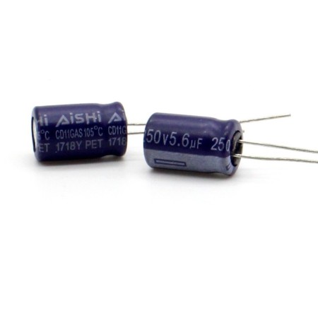 2x Condensateur 5.6uf - 250V - 8x12mm - P:3.5mm - 105°C - AISHI - 365con762